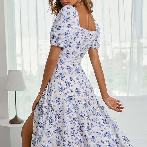 Blue & White Boho Womens Allover Floral Knot Split Thigh A-line Dress - Picture 3 of 5